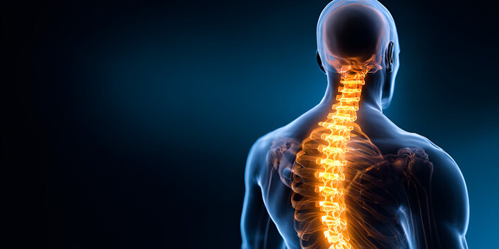 3D illustration of human spine with glowing vertebrae in back view
