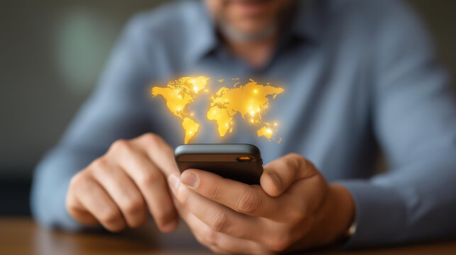 Businessman holding smartphone with glowing defocused world map, faceless mobile connectivity, global visualization detail, blurred network background, connection concept, expansio
