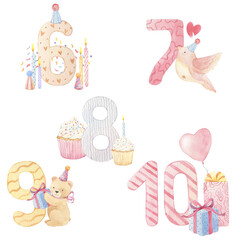 Baby numbers illustrations for birthday celebration party, nursery or milestones. Hand-drawn watercolor illustration with cute animals
