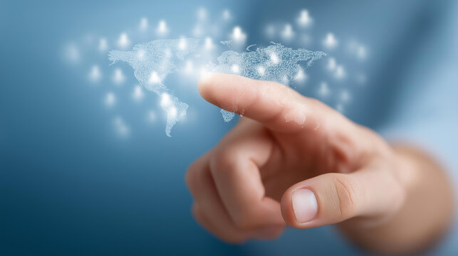 Hand touching screen with world defocused people icons, faceless global network, social visualization detail, blurred digital background, international concept, connection interfac