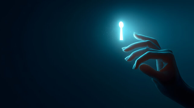 Digital Security Unlocked: A hand inserts a glowing key into a virtual lock, illuminating the concept of cybersecurity and data protection in a high-tech world. Generative ai illustration.