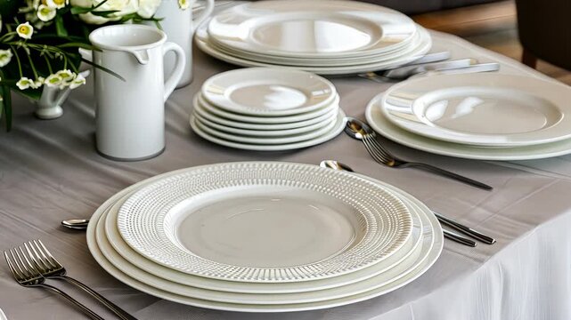 Beautifully arranged table features white dinner plates, elegant cutlery, and floral accents, creating a sophisticated dining atmosphere