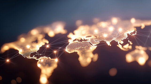 World map highlighting global network defocused connections, faceless interconnectedness visualization, communication detail, blurred geographical background, worldwide concept, co