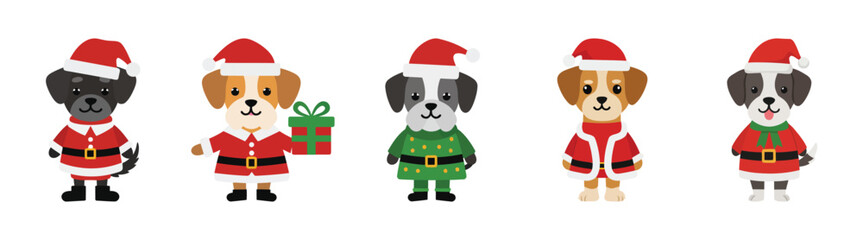 A collection of cute cartoon dogs dressed in Santa Claus outfits for the Christmas holiday