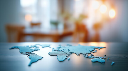 Detailed textured world map in focus with defocused interior, faceless geographical display, pixelated visualization detail, blurred background setting, cartographic concept, globa