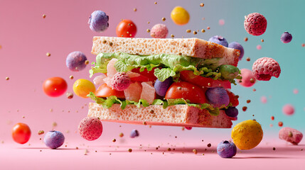 A sandwich with lettuce tomatoes and other fillings surrounded by floating fruit balls