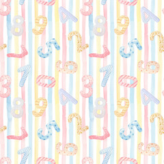 Fototapeta premium Number watercolor pattern for birthday celebration party, nursery or milestones. Hand-drawn watercolor illustration