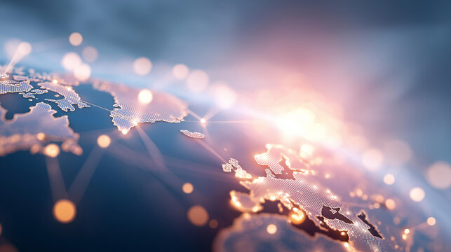 Global network with vibrant data streams defocused continents, faceless worldwide communication, connection visualization detail, blurred business background, modern technology con