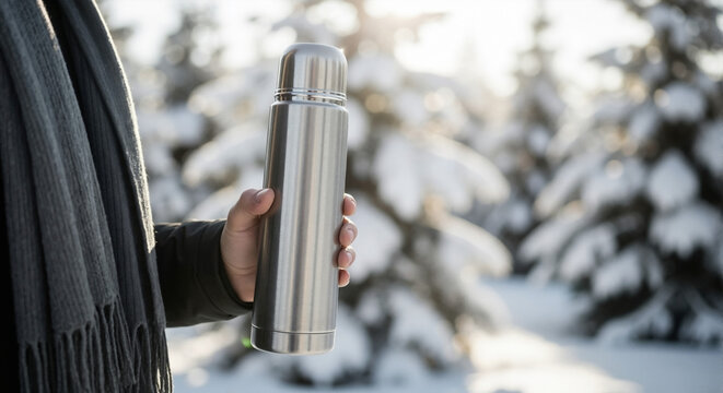 Person holding a metal thermos in snowy winter forest