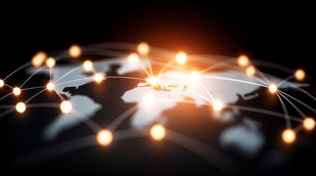 Global network map with glowing defocused world connections, faceless international visualization, geographical detail, blurred digital background, worldwide concept, connectivity