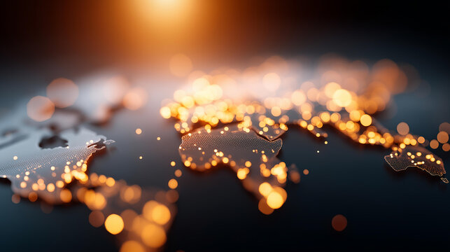 Global network map with glowing defocused world connections, faceless international visualization, geographical detail, blurred digital background, worldwide concept, connectivity