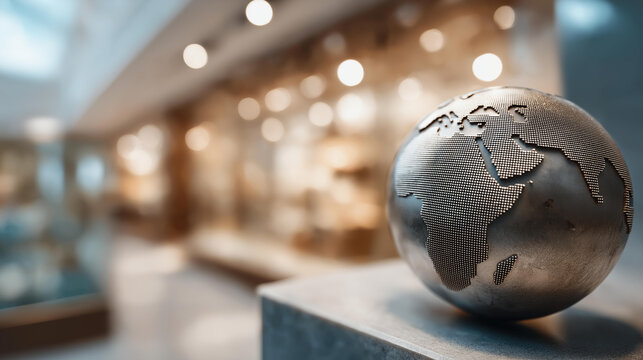 Detailed textured world map in focus with defocused interior, faceless geographical display, pixelated visualization detail, blurred background setting, cartographic concept, globa