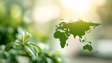Green world map on defocused background, faceless environmental concept, geographical visualization detail, blurred eco setting, sustainable concept, global interface, green displa