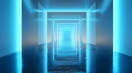 Repeating neon light frames define a futuristic, wet corridor receding into bright distance