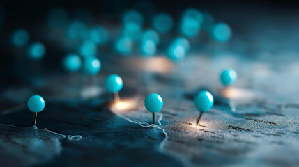 World map with cyan glowing location defocused pins, faceless global locations, geographical visualization detail, blurred map background, international concept, marker interface,