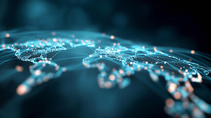Glowing world map made of lines defocused space nodes, faceless futuristic concept, connected visualization detail, blurred cosmic background, global brand, powerful interface, dat