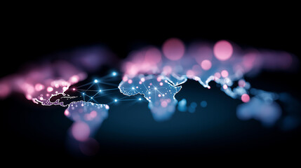 Glowing world map made of lines defocused space nodes, faceless futuristic concept, connected visualization detail, blurred cosmic background, global brand, powerful interface, dat