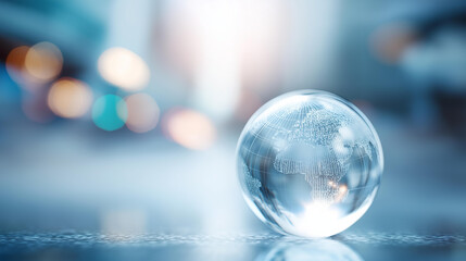 Glass globe with world map defocused financial chart, faceless business technology, data visualization detail, blurred transparent background, global economy concept, digital inter