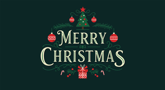 Festive Merry Christmas Greeting with Ornaments and Gifts