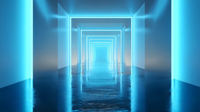 Repeating neon light frames define a futuristic, wet corridor receding into bright distance