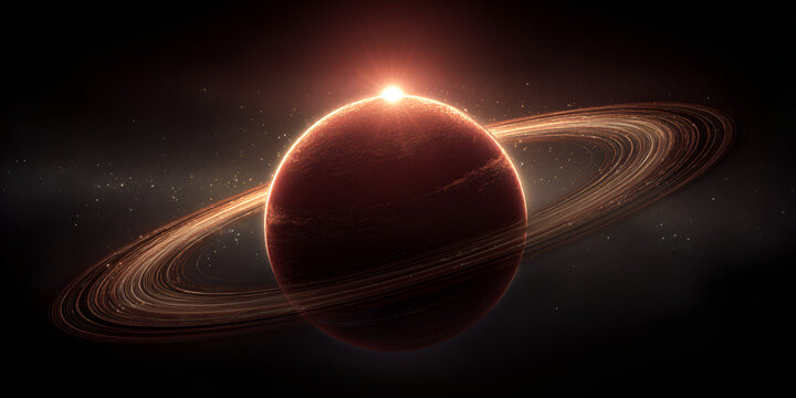 Dark planet with glowing rings and starburst light in outer space