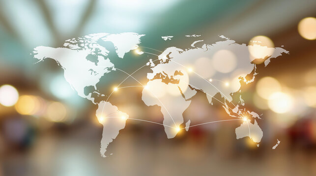 World map with connecting lines defocused global business, faceless travel network, modern visualization detail, blurred clean background, international concept, connection interfa