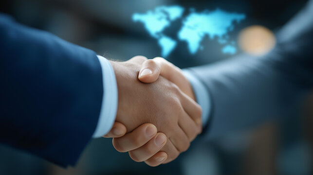 Two professionals shaking hands over digital grid defocused world map, faceless business agreement, network visualization detail, blurred glowing background, international partners