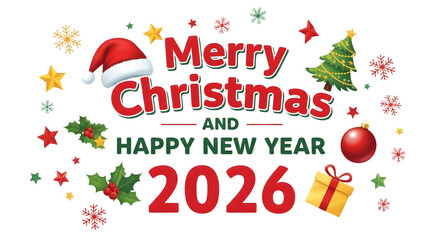 Merry christmas and happy new year 2026 festive design isolated on transparent background