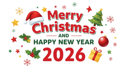 Merry christmas and happy new year 2026 festive design isolated on transparent background