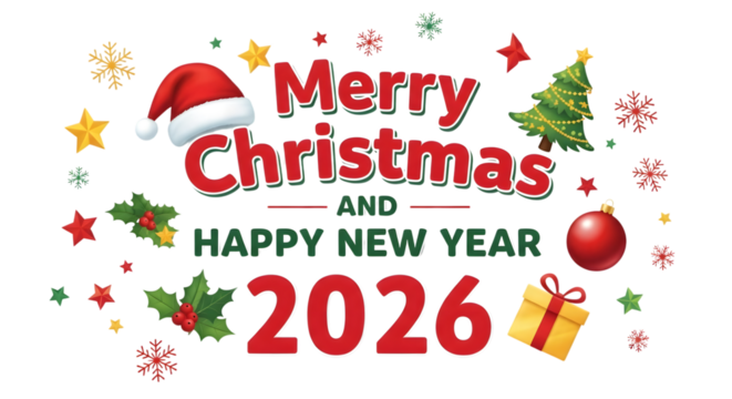 Merry christmas and happy new year 2026 festive design isolated on transparent background
