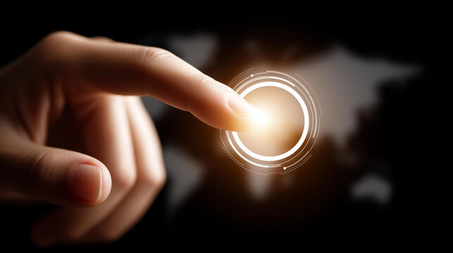 Finger touching glowing circular interface defocused benefits world, faceless global business, advantage visualization detail, blurred map background, international concept, interc