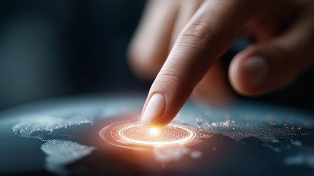 Finger touching glowing circular interface defocused benefits world, faceless global business, advantage visualization detail, blurred map background, international concept, interc