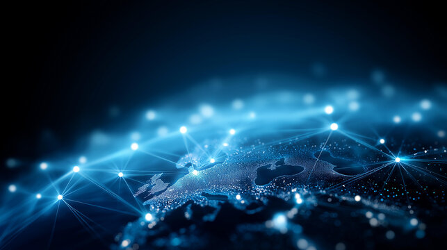 Digital Earth at night with illuminated defocused connections, faceless global communication, data network visualization, blurred worldwide background, technology concept, connecti - Powered by Adobe