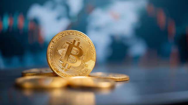 Bitcoin cryptocurrency with world map defocused trading charts, faceless global finance, digital visualization detail, blurred market background, financial concept, international i