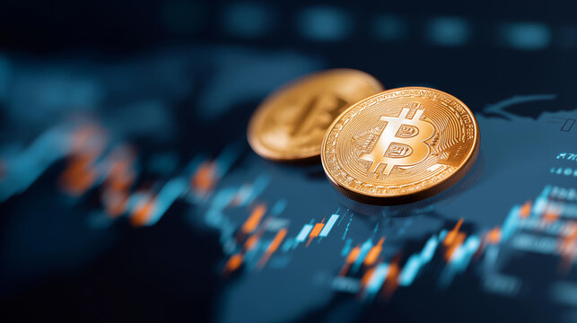 Bitcoin cryptocurrency with world map defocused trading charts, faceless global finance, digital visualization detail, blurred market background, financial concept, international i