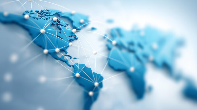 Blue digital world map with connected nodes defocused lines, faceless global network, communication visualization detail, blurred white background, international connection concept