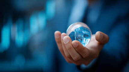 Person holding crystal globe with defocused digital world data, faceless global finance, technology visualization detail, blurred financial background, innovation concept, insight