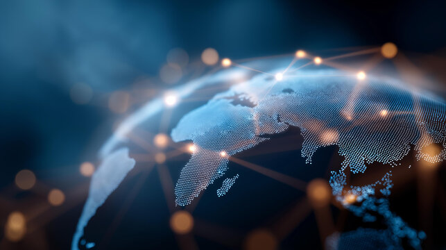 Digital Earth with global network defocused connections, faceless worldwide business, connectivity visualization detail, blurred international background, exchange concept, technol