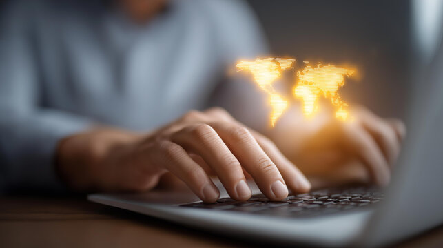 Person typing on laptop with glowing defocused digital world map, faceless global work, technology visualization detail, blurred screen background, international concept, connectiv