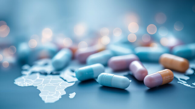 Pills on world map with defocused digital connections, faceless international healthcare, pharmaceutical visualization detail, blurred network background, medical business concept, - Powered by Adobe