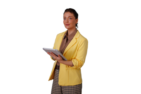 Smart businesswoman holding digital tablet, working on corporate project, standing with confident expression on transparent background
