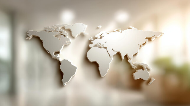 3D world map icon with defocused minimalist design, faceless global network, business visualization detail, blurred modern background, infographic concept, international interface,
