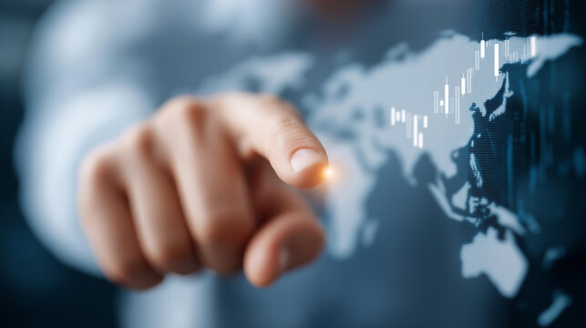 Hand pointing at world map with defocused stock charts, faceless global finance, market visualization detail, blurred data background, international activity concept, financial int