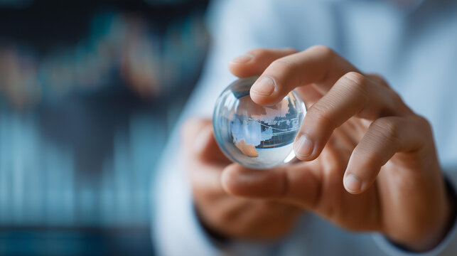 Person holding crystal globe with defocused digital world data, faceless global finance, technology visualization detail, blurred financial background, innovation concept, insight