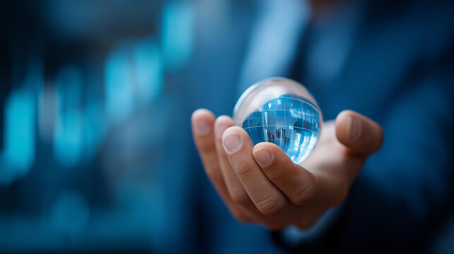 Person holding crystal globe with defocused digital world data, faceless global finance, technology visualization detail, blurred financial background, innovation concept, insight