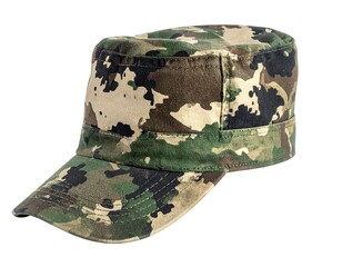 Camo military-style cap with flat top, short brim and a camouflage pattern