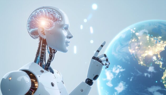An AI robot with glowing brain and pointing at globe