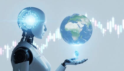 Futuristic robot holds the earth and a glowing coin, with financial charts in the background. Concept of technology impacting the globe
