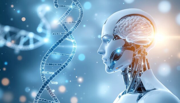 A futuristic robot with a brain examining a DNA strand. An illustration of AI combined with human scientific advancement