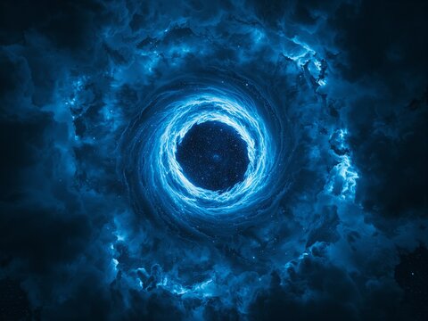 Vibrant blue nebula swirling around a cosmic black hole